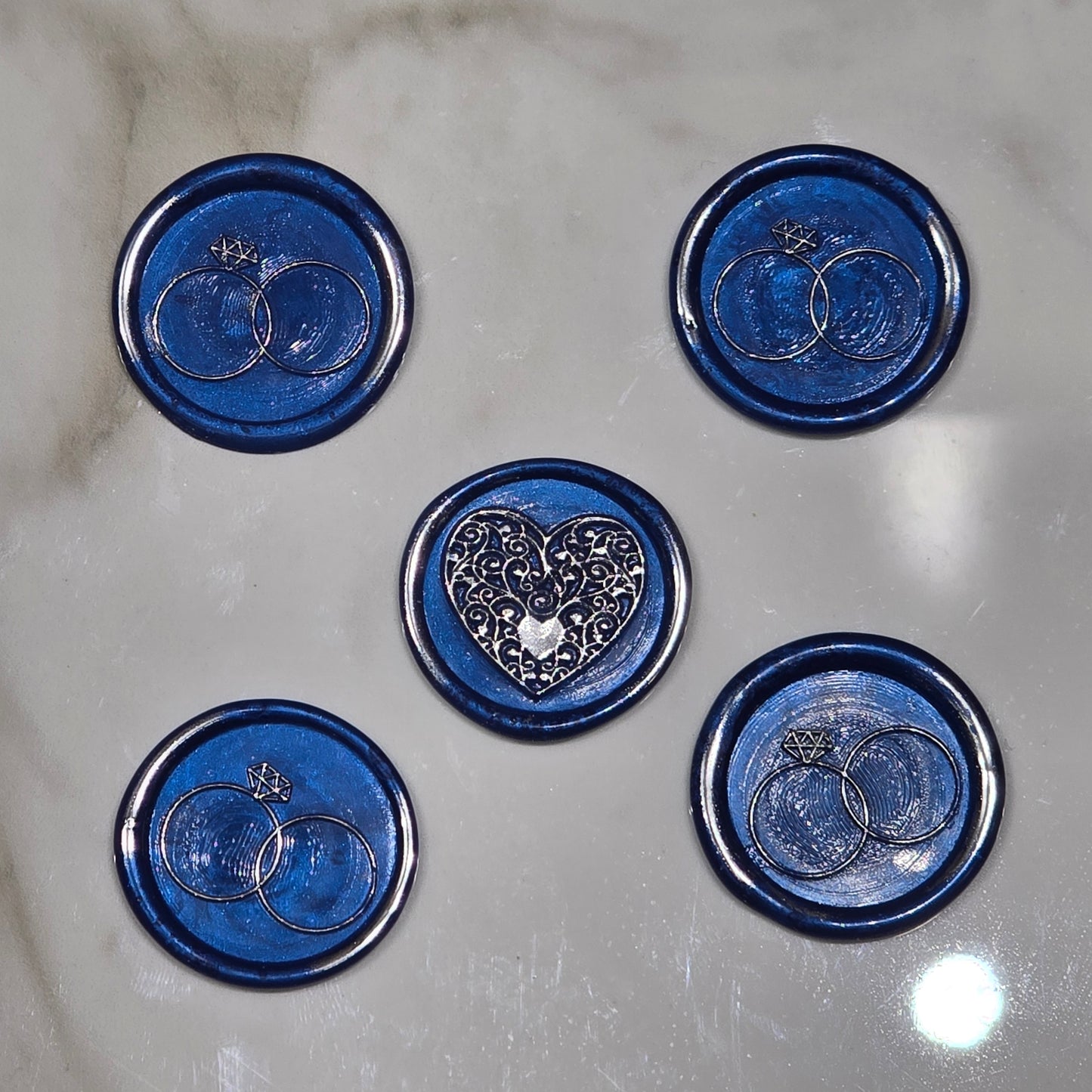 Wax seals royal blue & silver rings and heart set of five, with adhesive backing for cards, letters and gifts