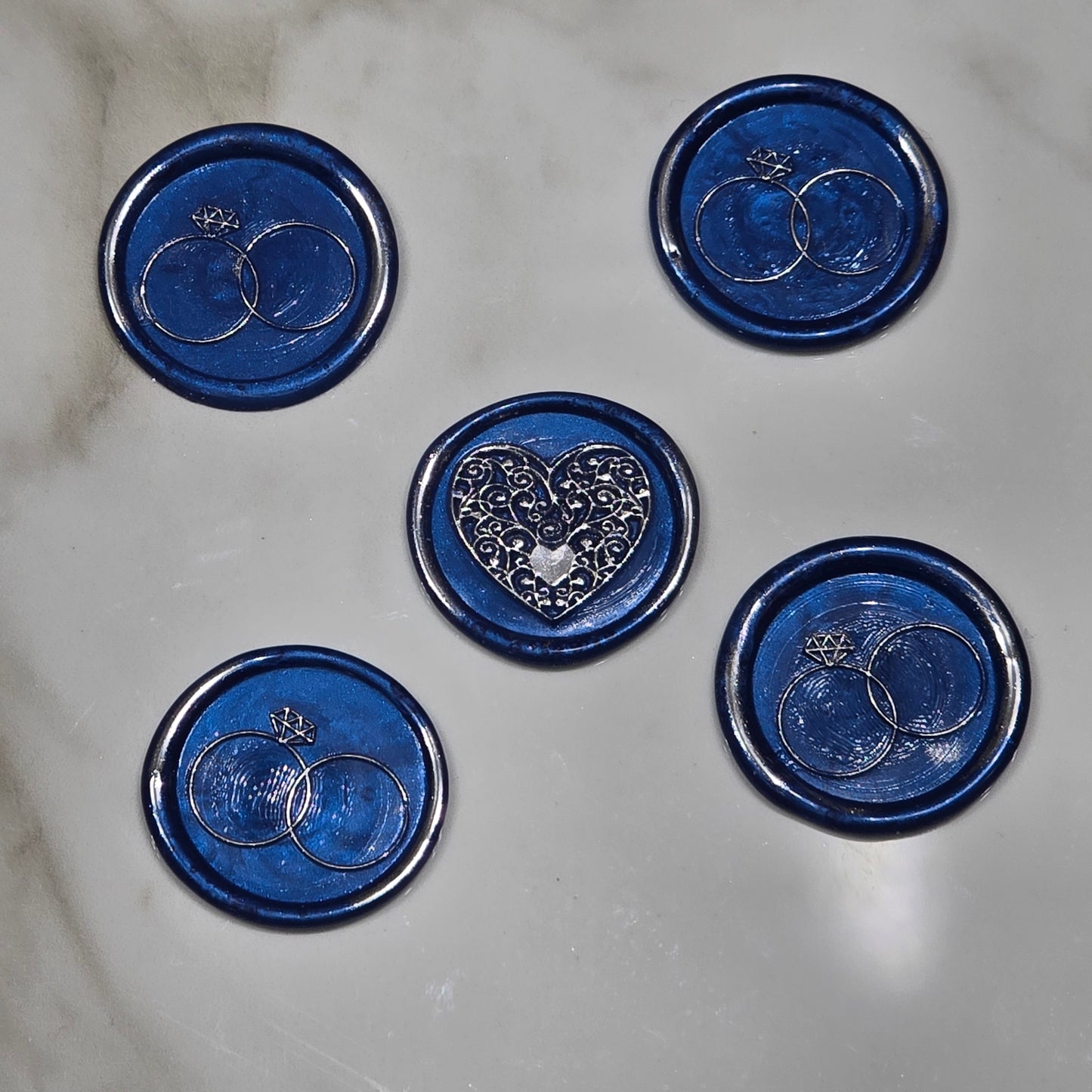 Wax seals royal blue & silver rings and heart set of five, with adhesive backing for cards, letters and gifts