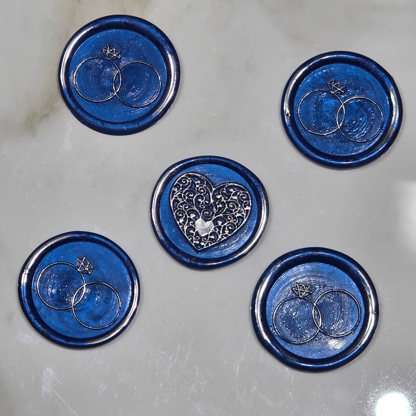 Wax seals royal blue & silver rings and heart set of five, with adhesive backing for cards, letters and gifts