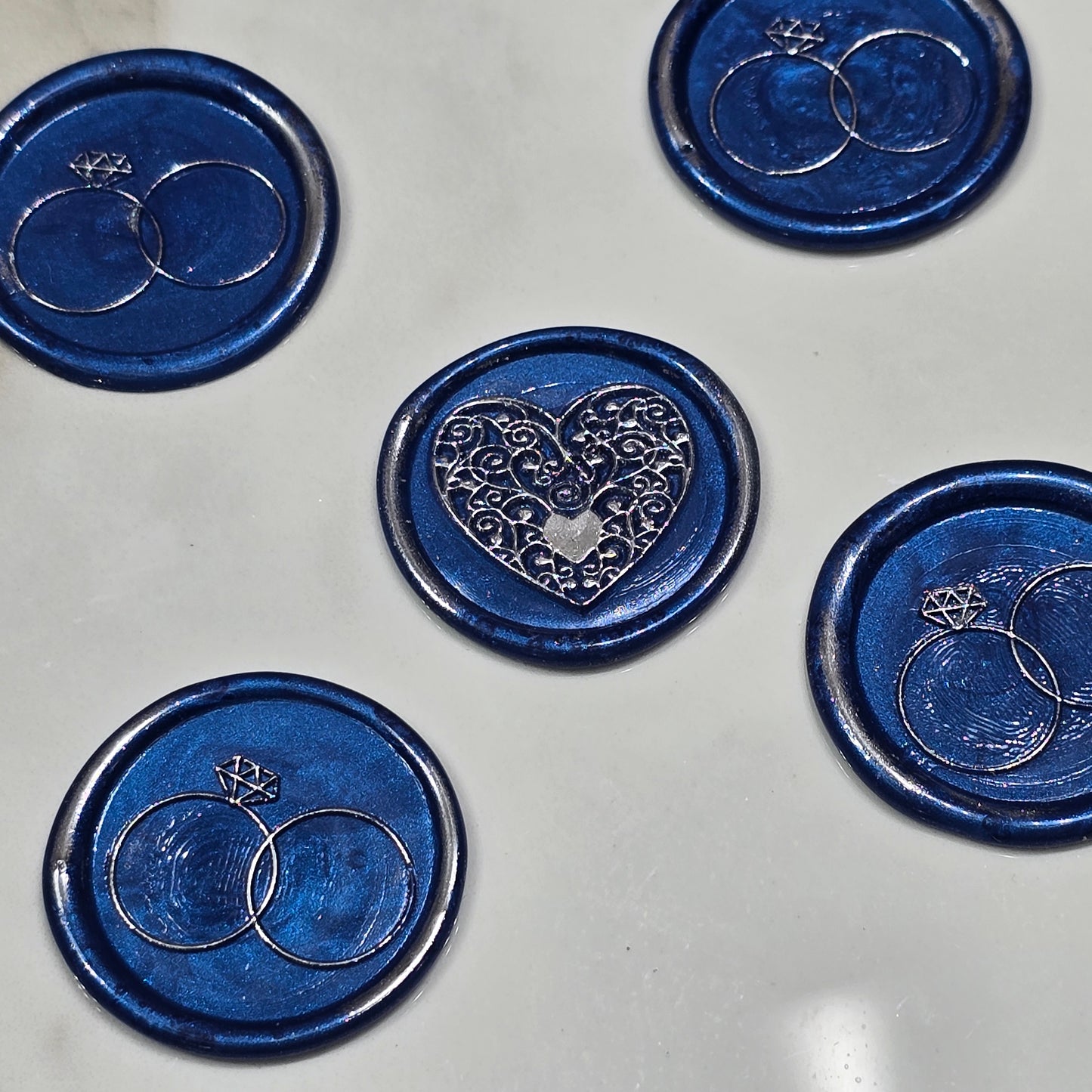 Wax seals royal blue & silver rings and heart set of five, with adhesive backing for cards, letters and gifts