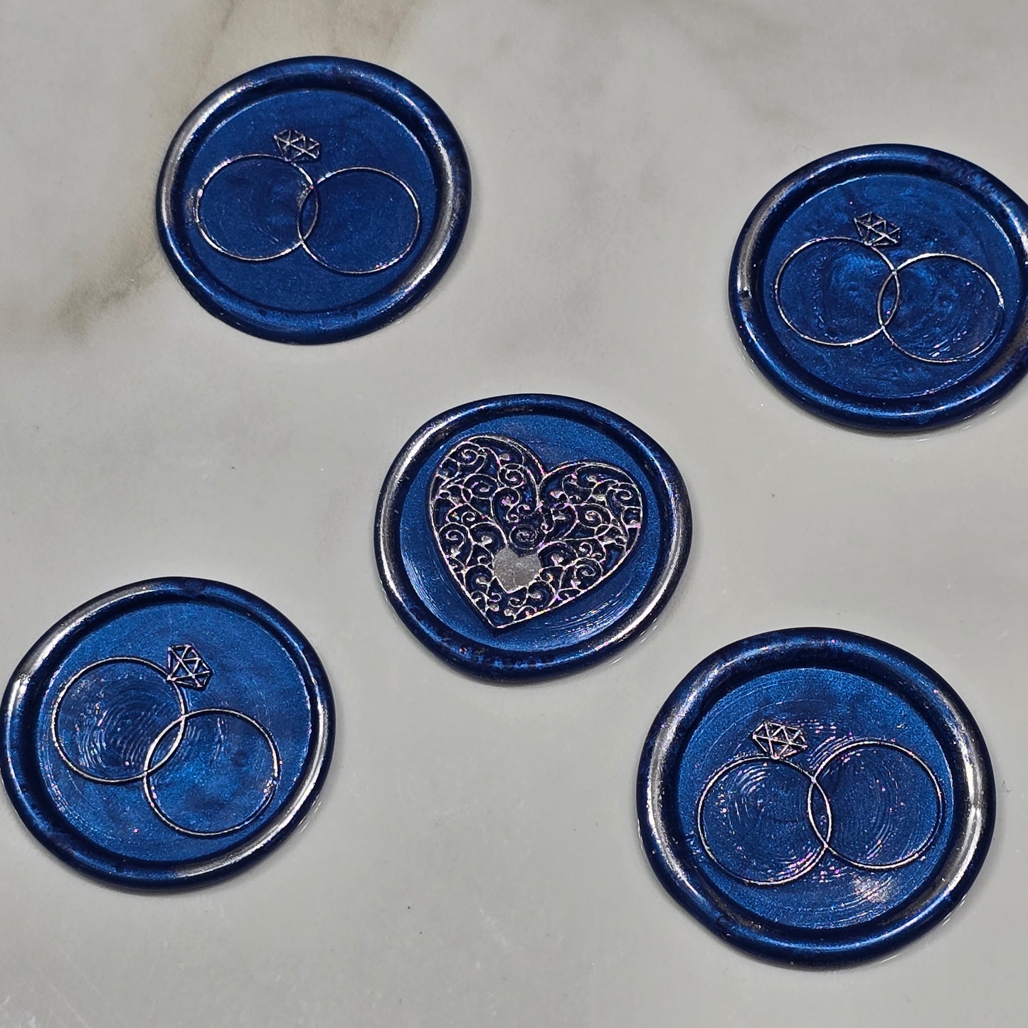 Wax seals royal blue & silver rings and heart set of five, with adhesive backing for cards, letters and gifts