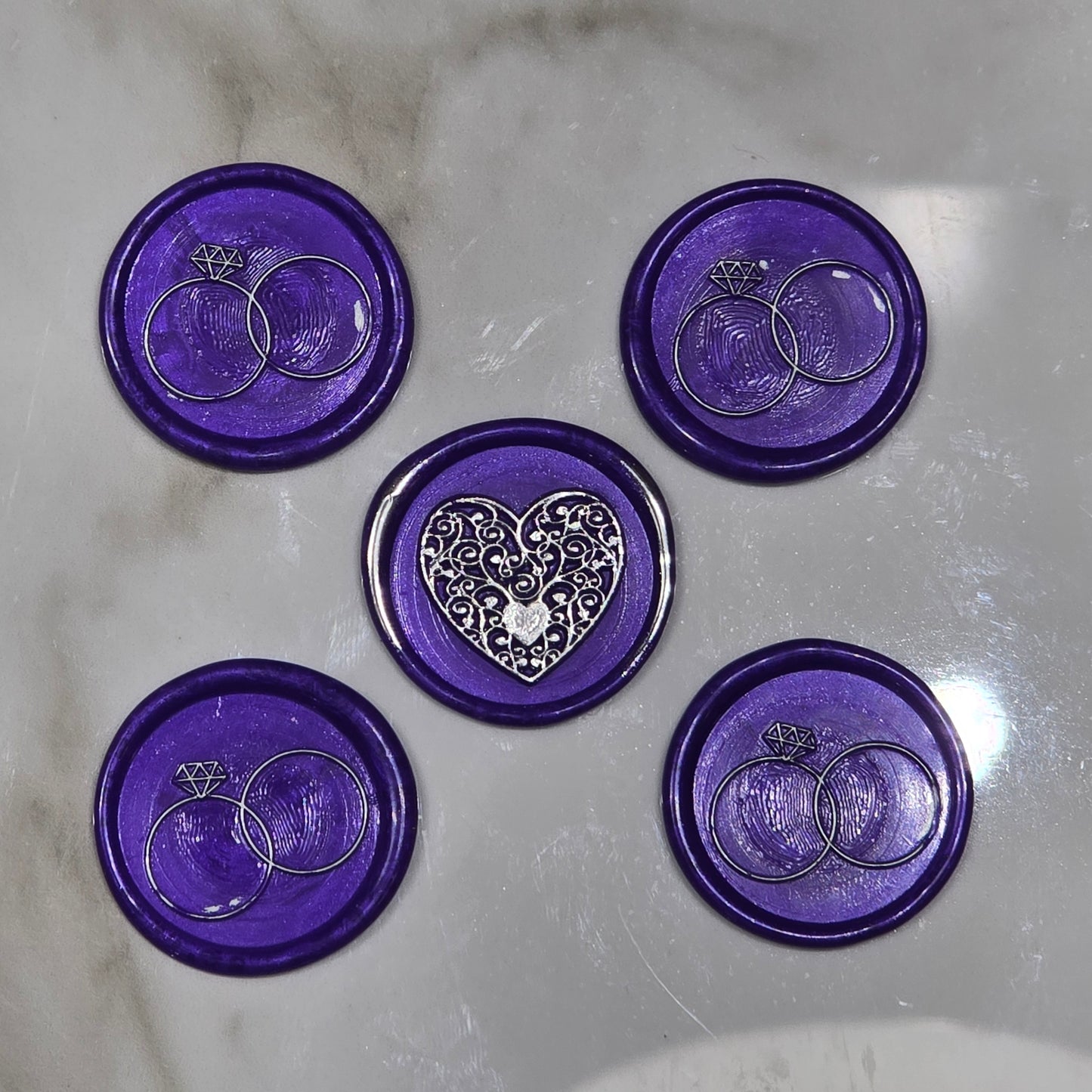 Wax seals royal purple & silver rings and heart set of five, with adhesive backing for cards, letters and gifts