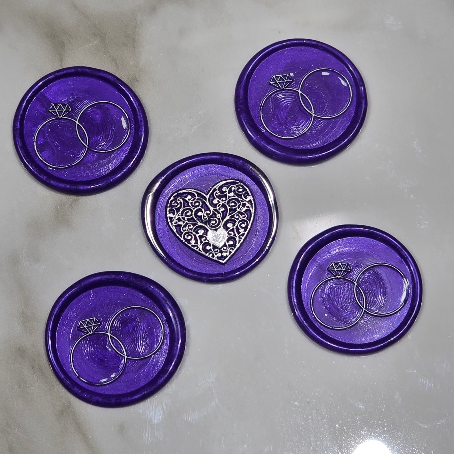 Wax seals royal purple & silver rings and heart set of five, with adhesive backing for cards, letters and gifts