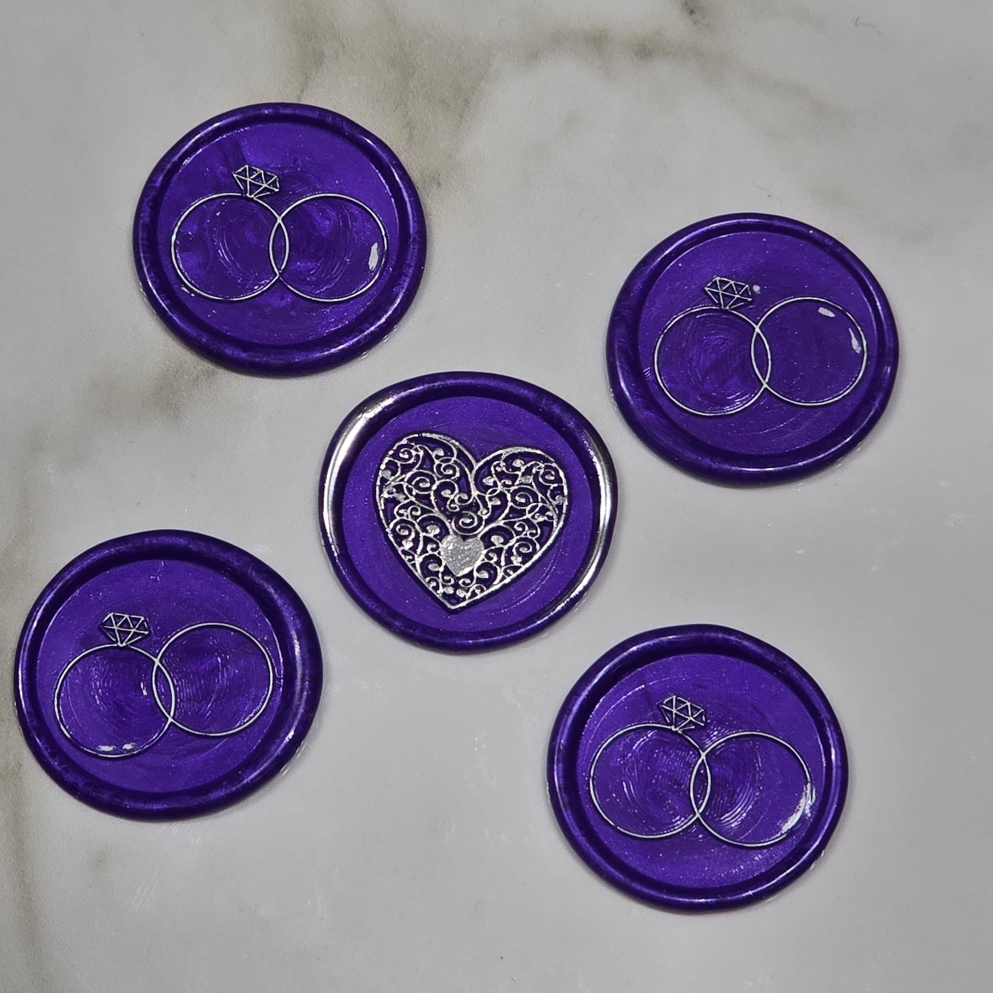 Wax seals royal purple & silver rings and heart set of five, with adhesive backing for cards, letters and gifts