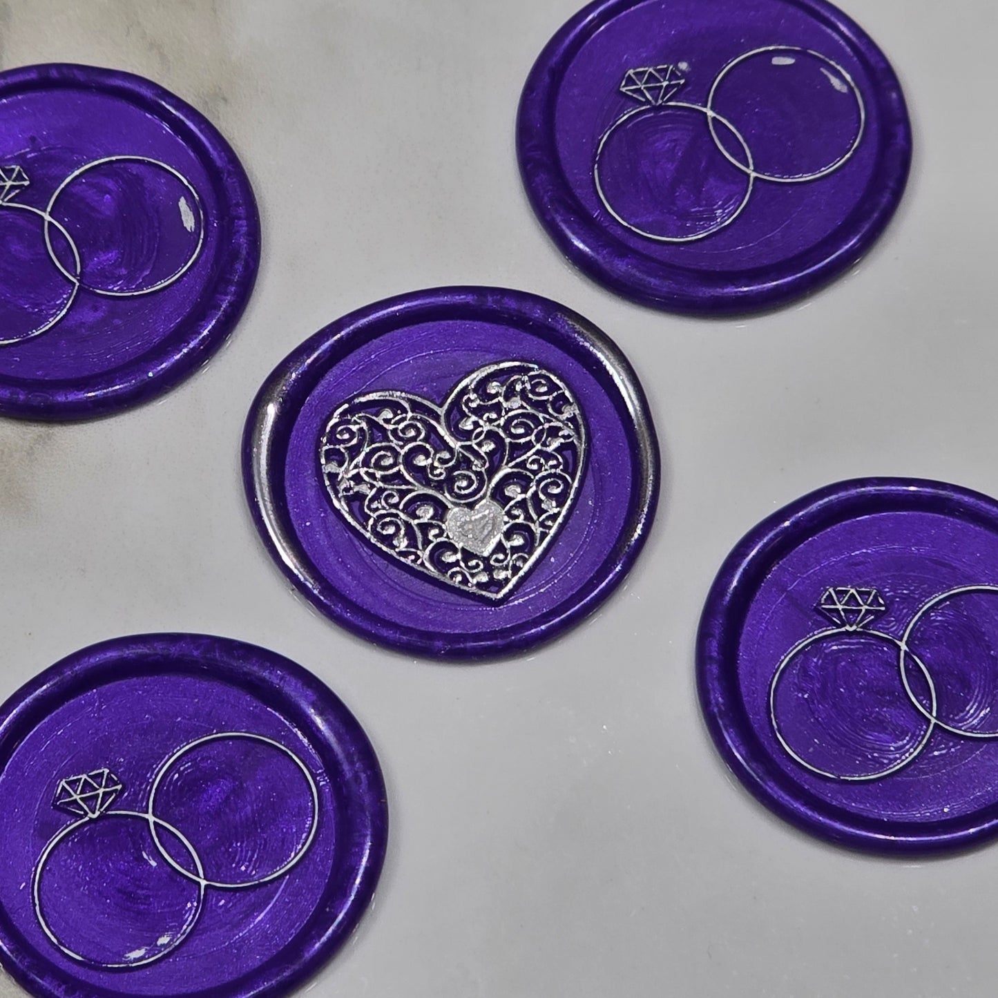 Wax seals royal purple & silver rings and heart set of five, with adhesive backing for cards, letters and gifts