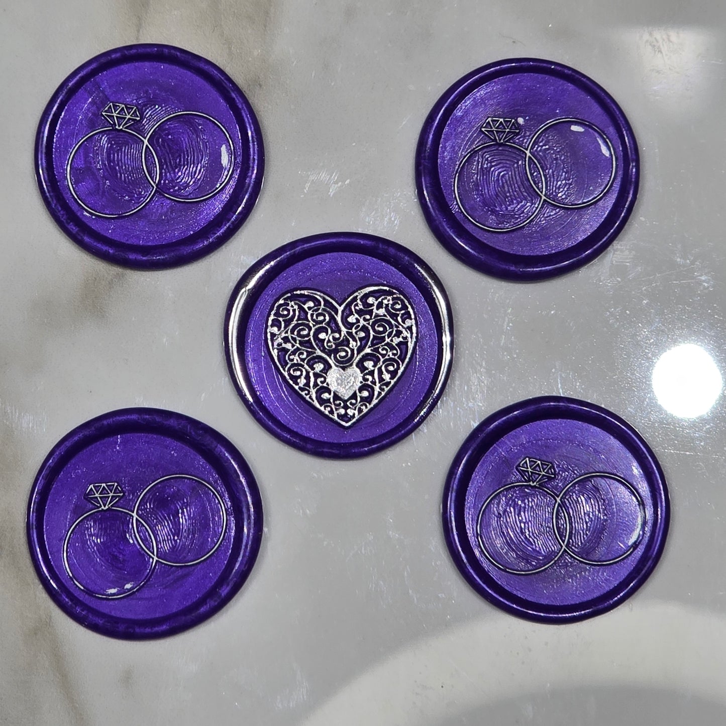 Wax seals royal purple & silver rings and heart set of five, with adhesive backing for cards, letters and gifts