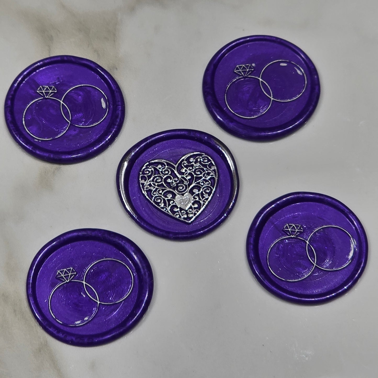 Wax seals royal purple & silver rings and heart set of five, with adhesive backing for cards, letters and gifts