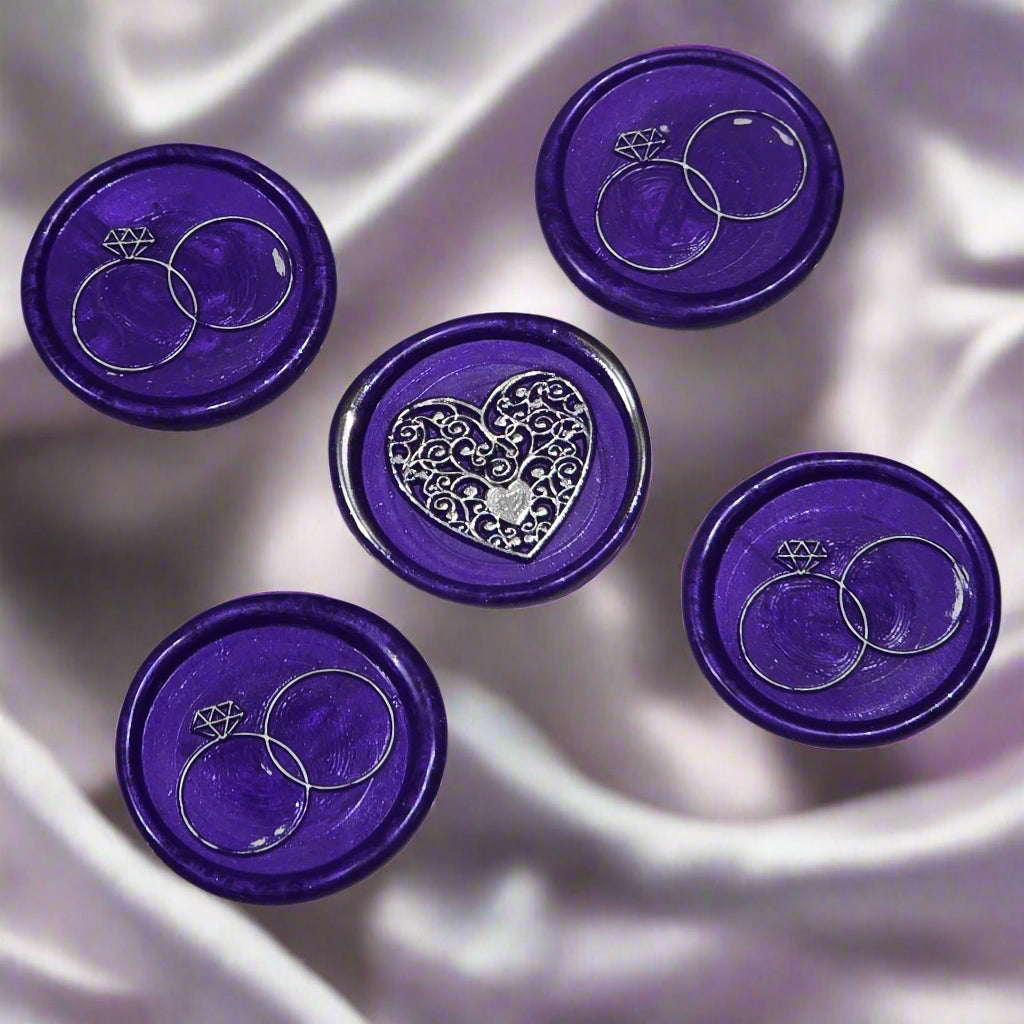 Wax seals royal purple & silver rings and heart set of five, with adhesive backing for cards, letters and gifts