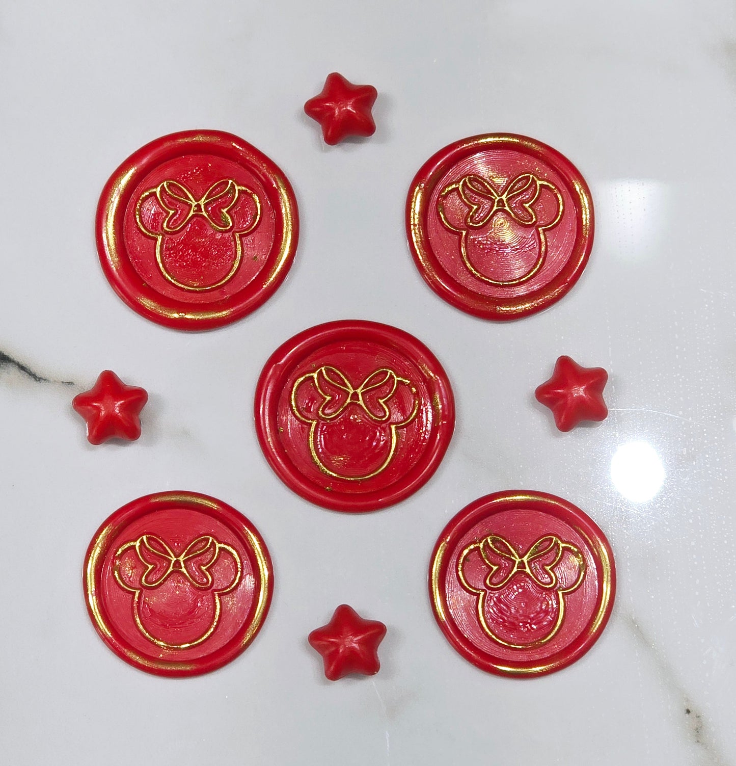 Mouse wax seals bright red & gold set of five, for cards, invitations, letters and gifts!