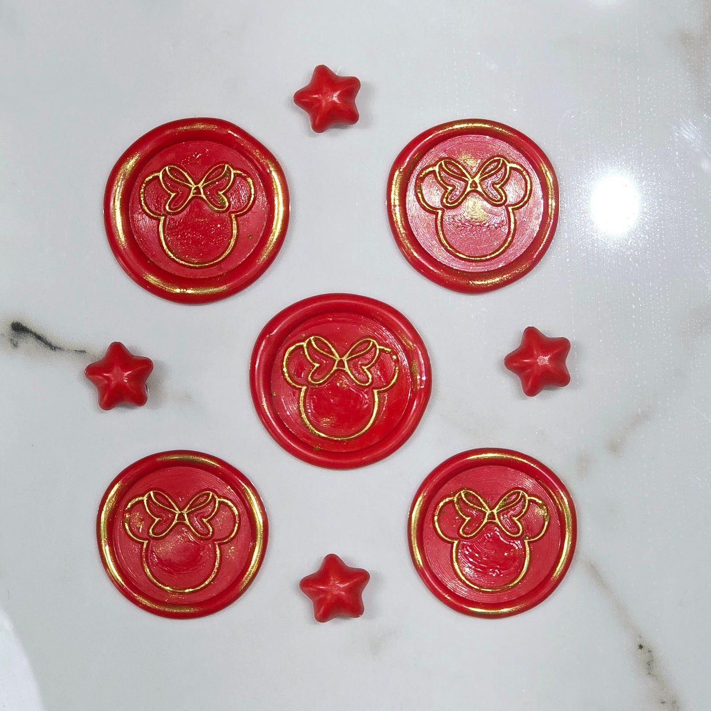Mouse wax seals bright red & gold set of five, for cards, invitations, letters and gifts!
