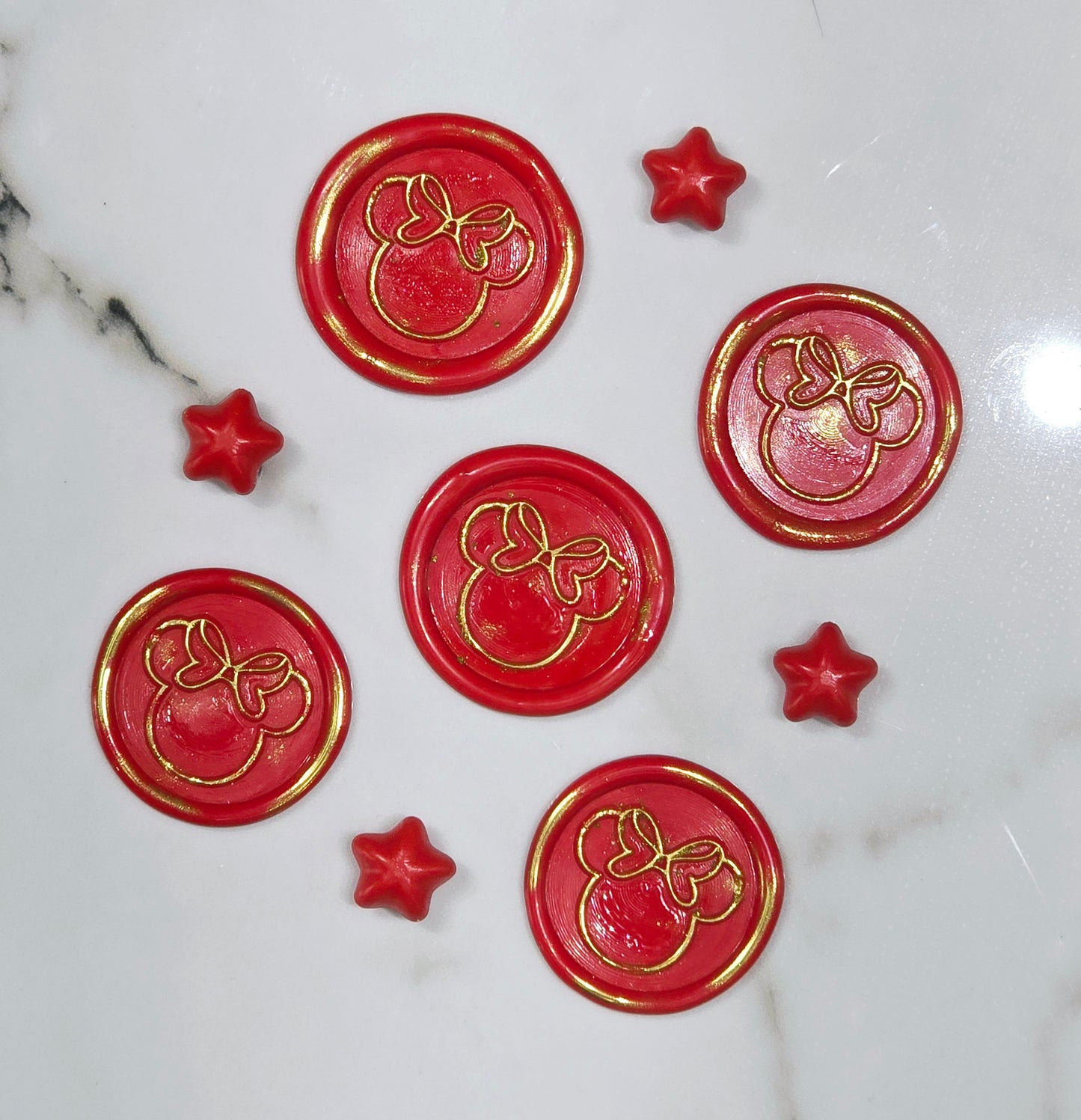 Mouse wax seals bright red & gold set of five, for cards, invitations, letters and gifts!