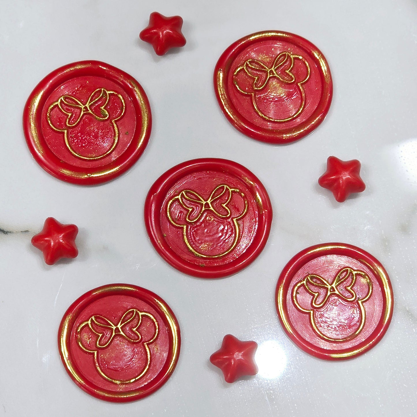 Mouse wax seals bright red & gold set of five, for cards, invitations, letters and gifts!