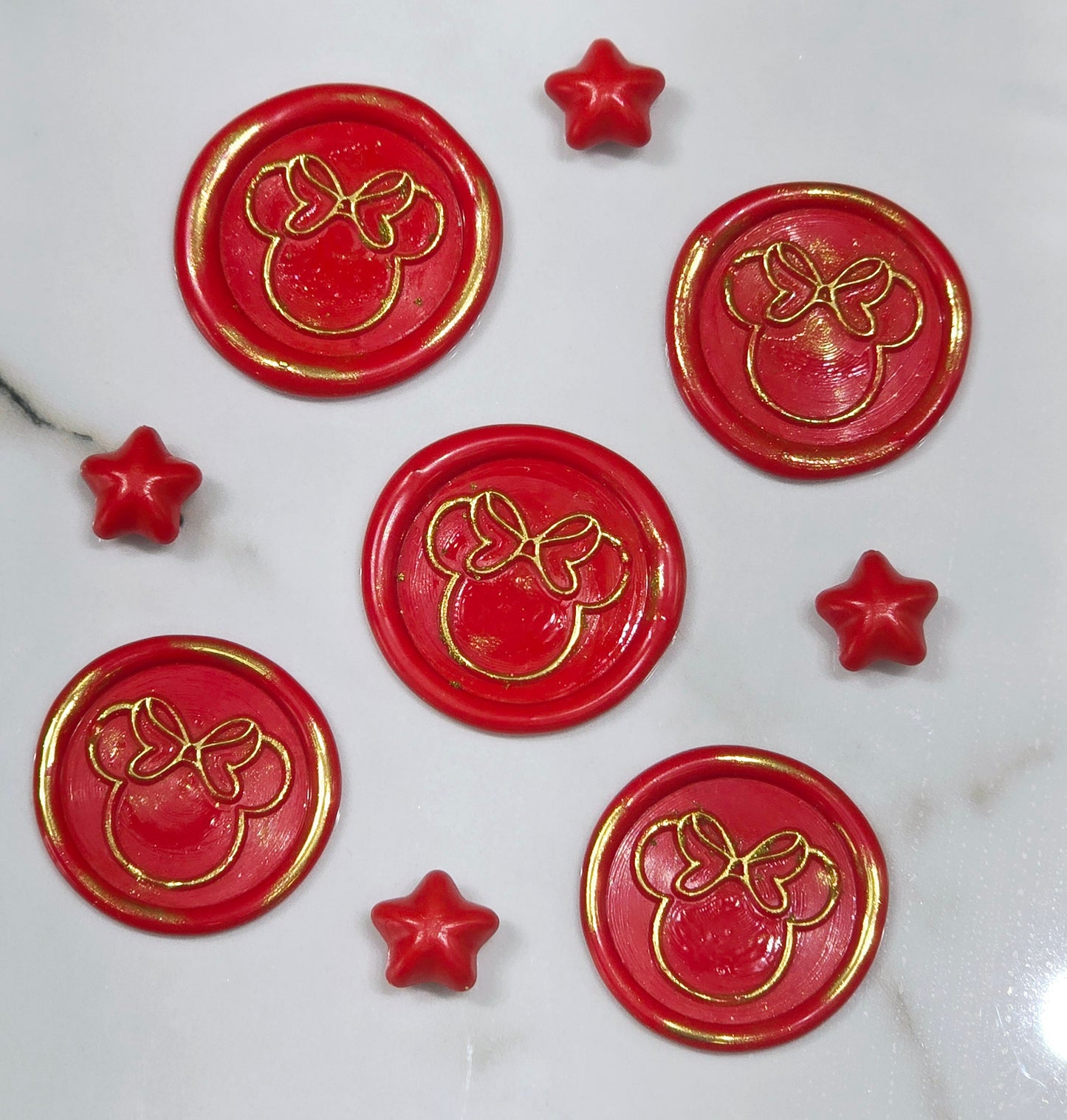 Mouse wax seals bright red & gold set of five, for cards, invitations, letters and gifts!
