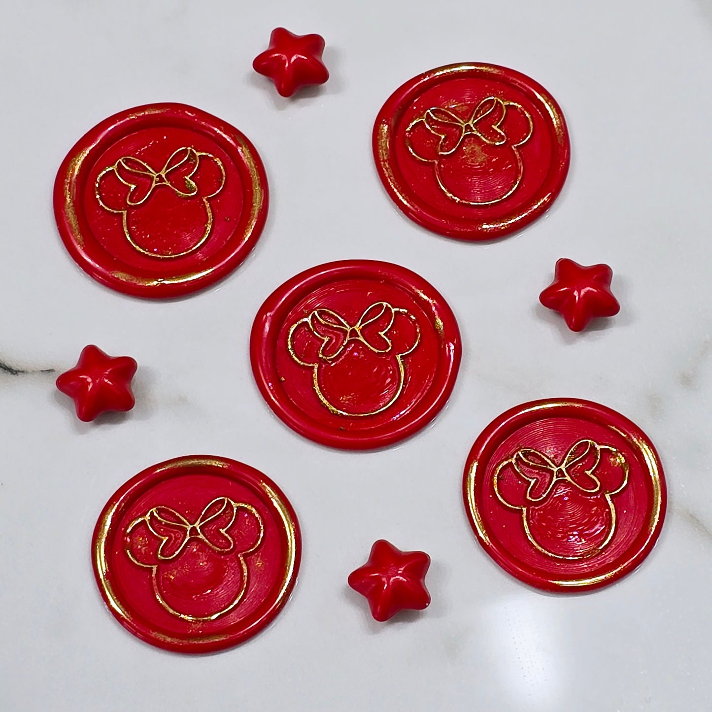 Mouse wax seals bright red & gold set of five, for cards, invitations, letters and gifts!