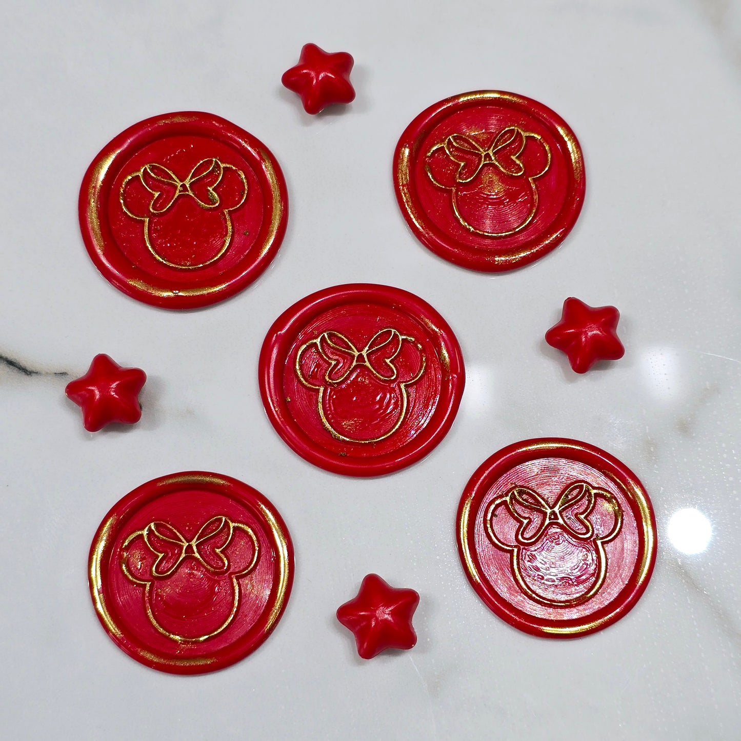 Mouse wax seals bright red & gold set of five, for cards, invitations, letters and gifts!