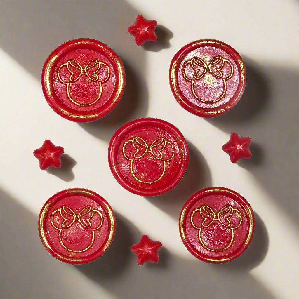 Mouse wax seals bright red & gold set of five,with adhesive