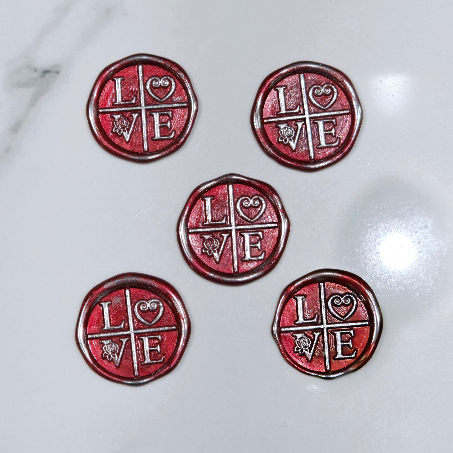 LOVE Wax Seals in Ruby Red & Silver with Adhesive Wax Seals for Cards and Gifts