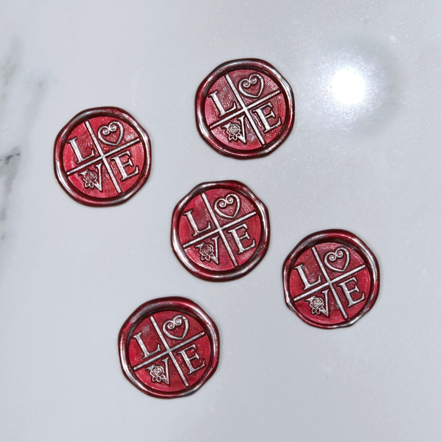 LOVE Wax Seals in Ruby Red & Silver with Adhesive Wax Seals for Cards and Gifts
