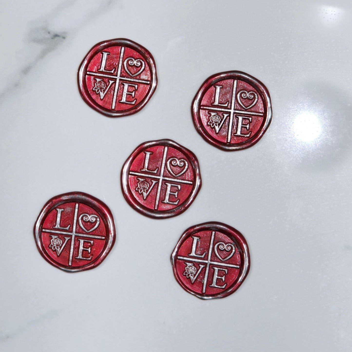LOVE Wax Seals in Ruby Red & Silver with Adhesive Wax Seals for Cards and Gifts