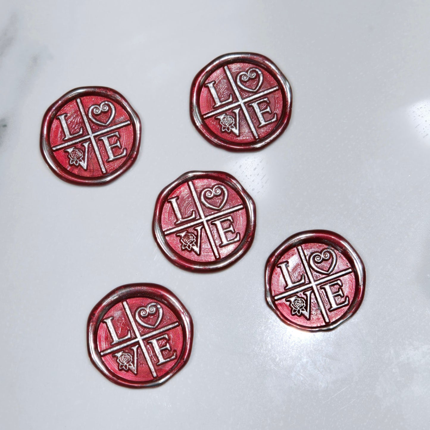 LOVE Wax Seals in Ruby Red & Silver with Adhesive Wax Seals for Cards and Gifts