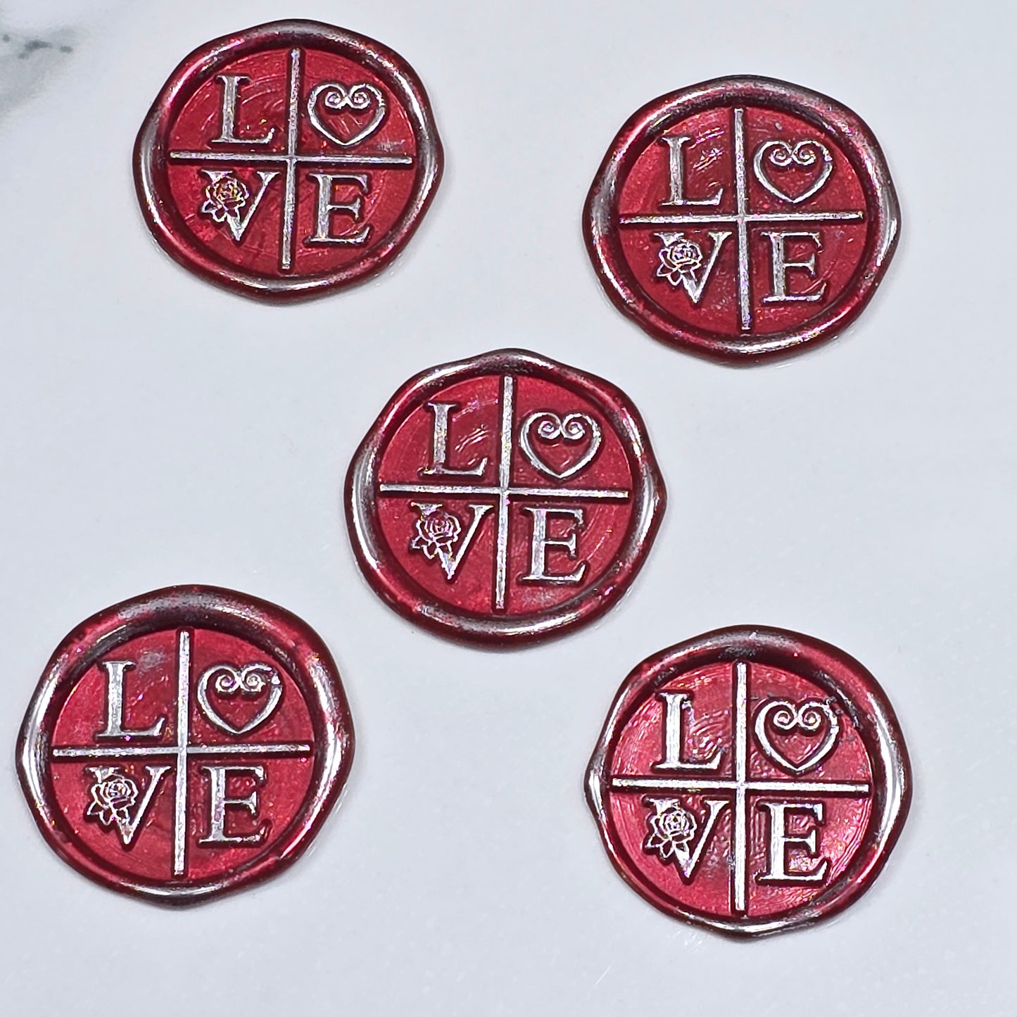 LOVE Wax Seals in Ruby Red & Silver with Adhesive Wax Seals for Cards and Gifts