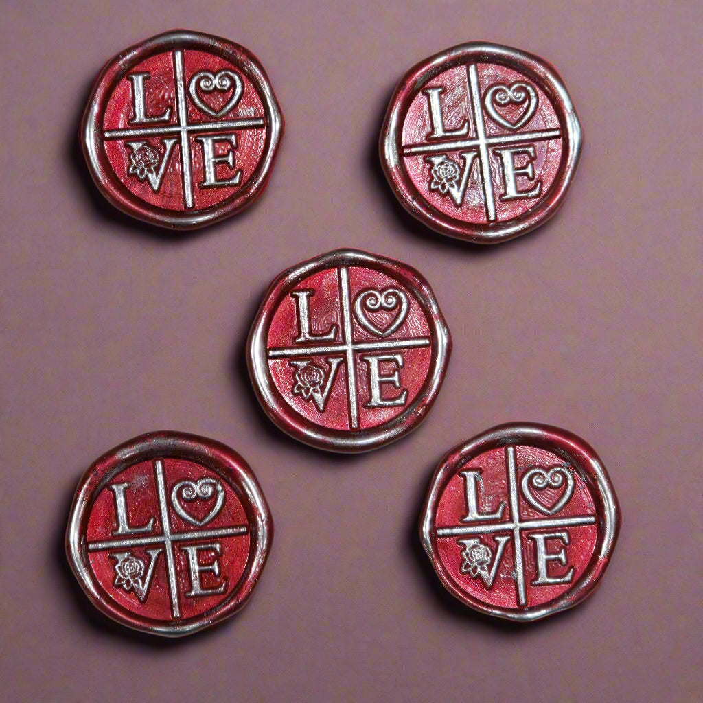 LOVE Wax Seals in Ruby Red & Silver with Adhesive Wax Seals for Cards and Gifts