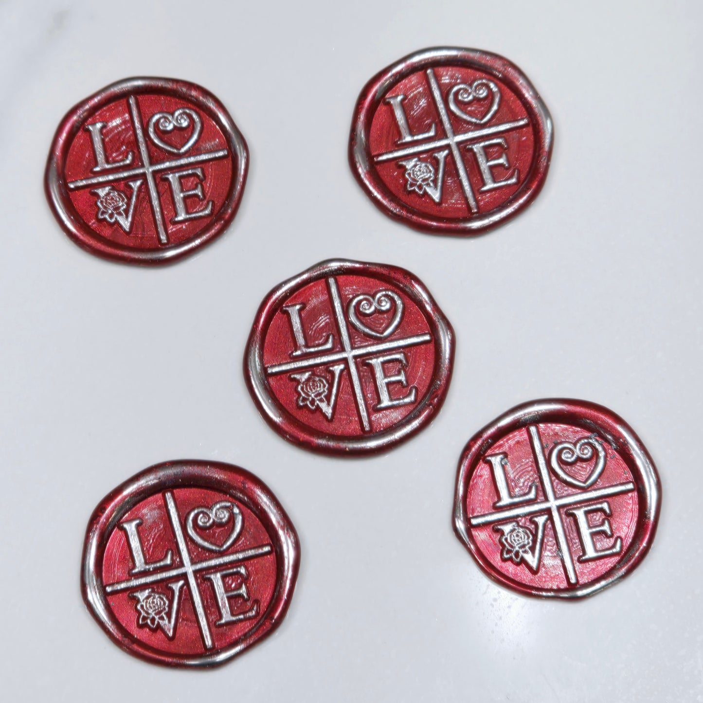 LOVE Wax Seals in Ruby Red & Silver with Adhesive Wax Seals for Cards and Gifts
