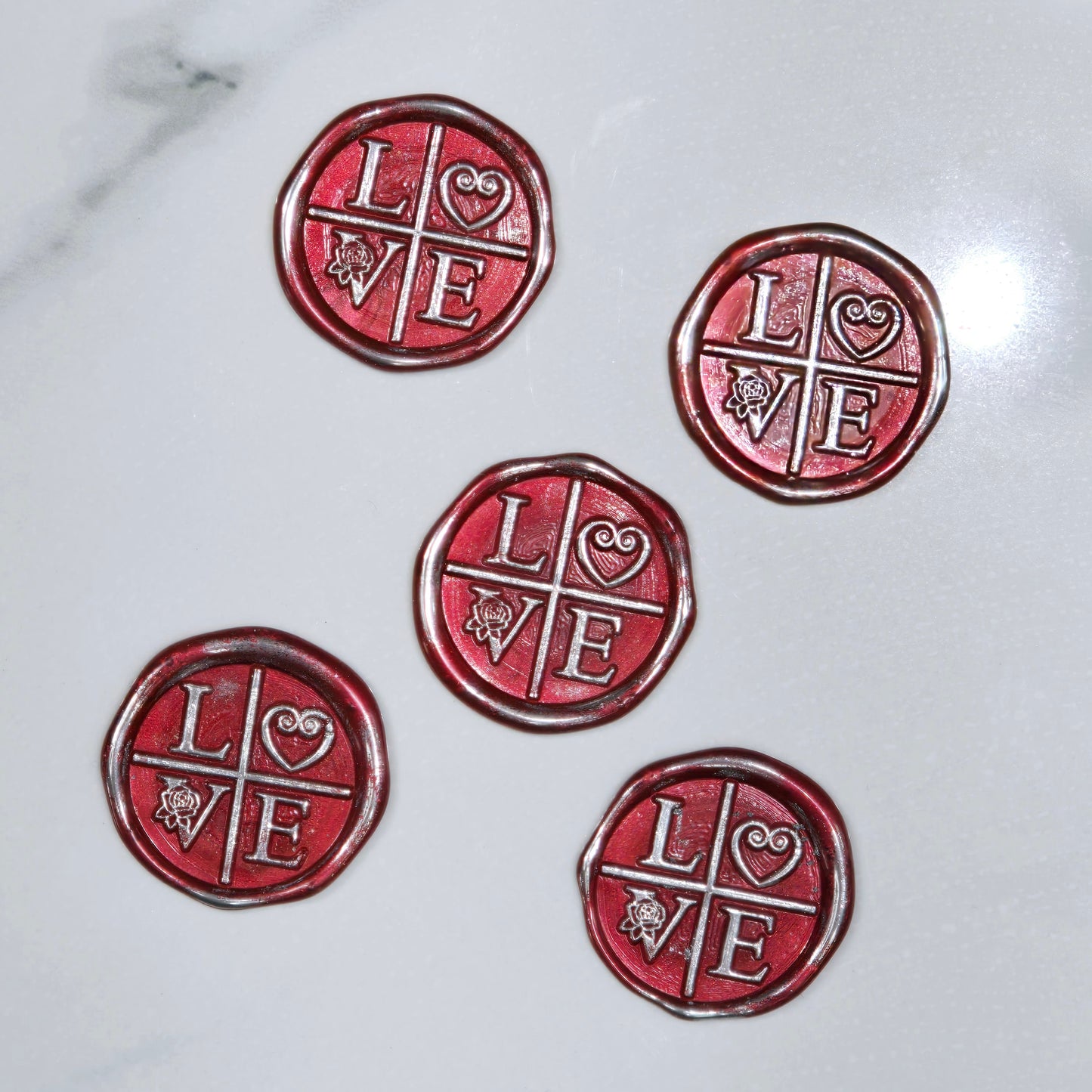 LOVE Wax Seals in Ruby Red & Silver with Adhesive Wax Seals for Cards and Gifts