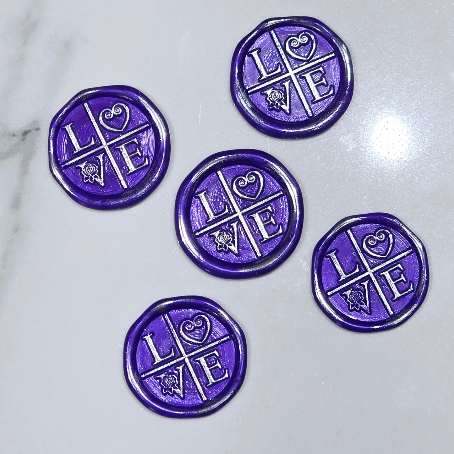 LOVE Wax Seals in Purple & Silver with Adhesive Wax Seals for Cards and Gifts