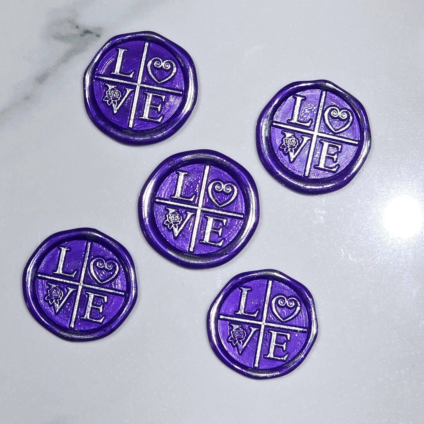 LOVE Wax Seals in Purple & Silver with Adhesive Wax Seals for Cards and Gifts