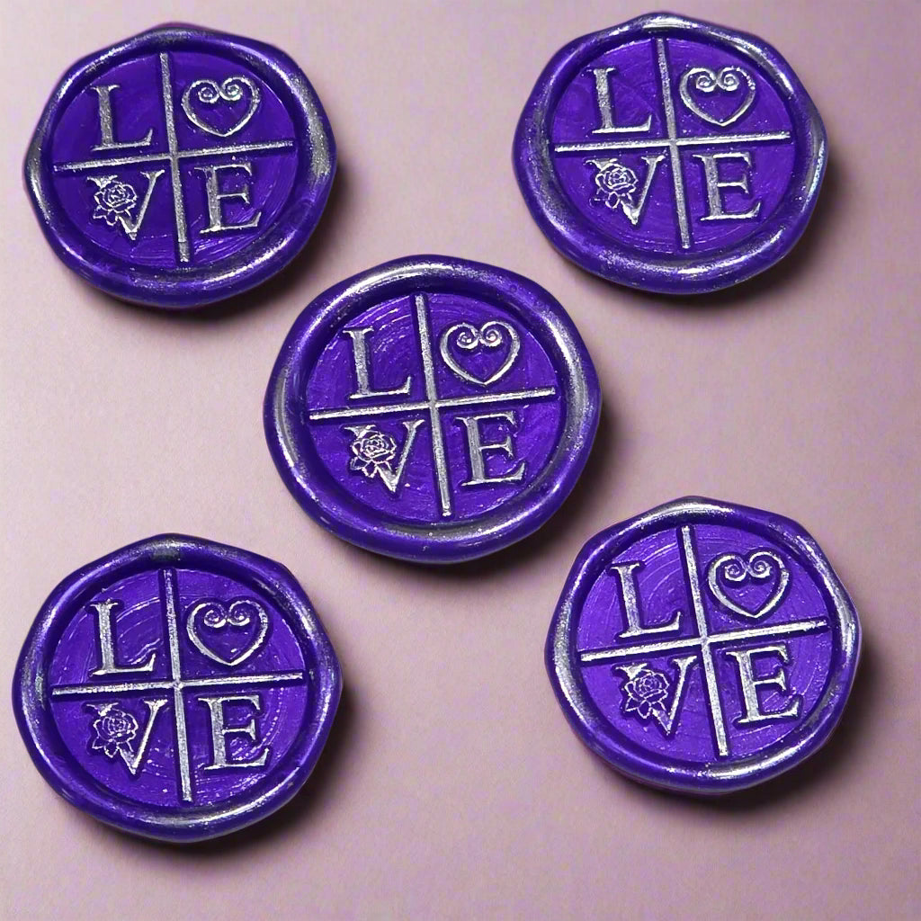 LOVE Wax Seals in Purple & Silver with Adhesive Wax Seals for Cards and Gifts