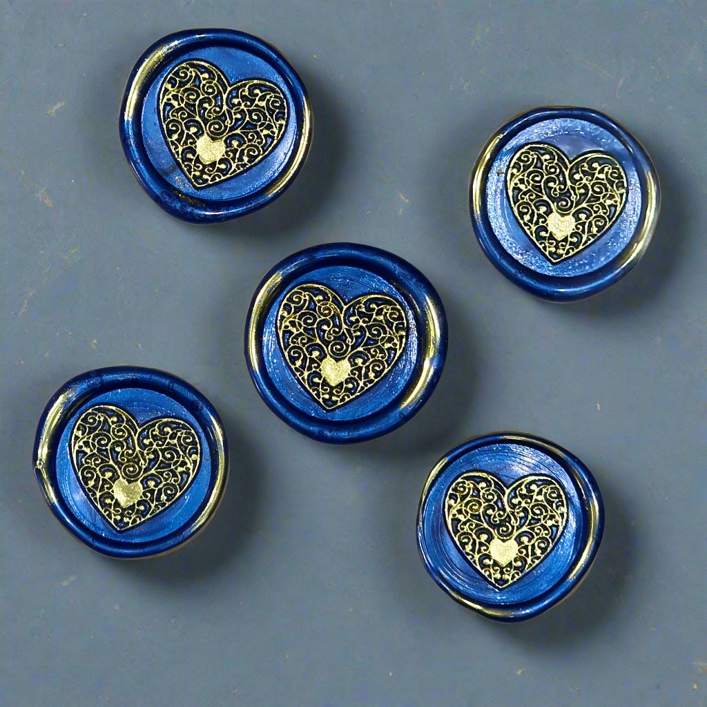 Wax seals blue & gold heart set of five, with adhesive backing for cards, letters and gifts