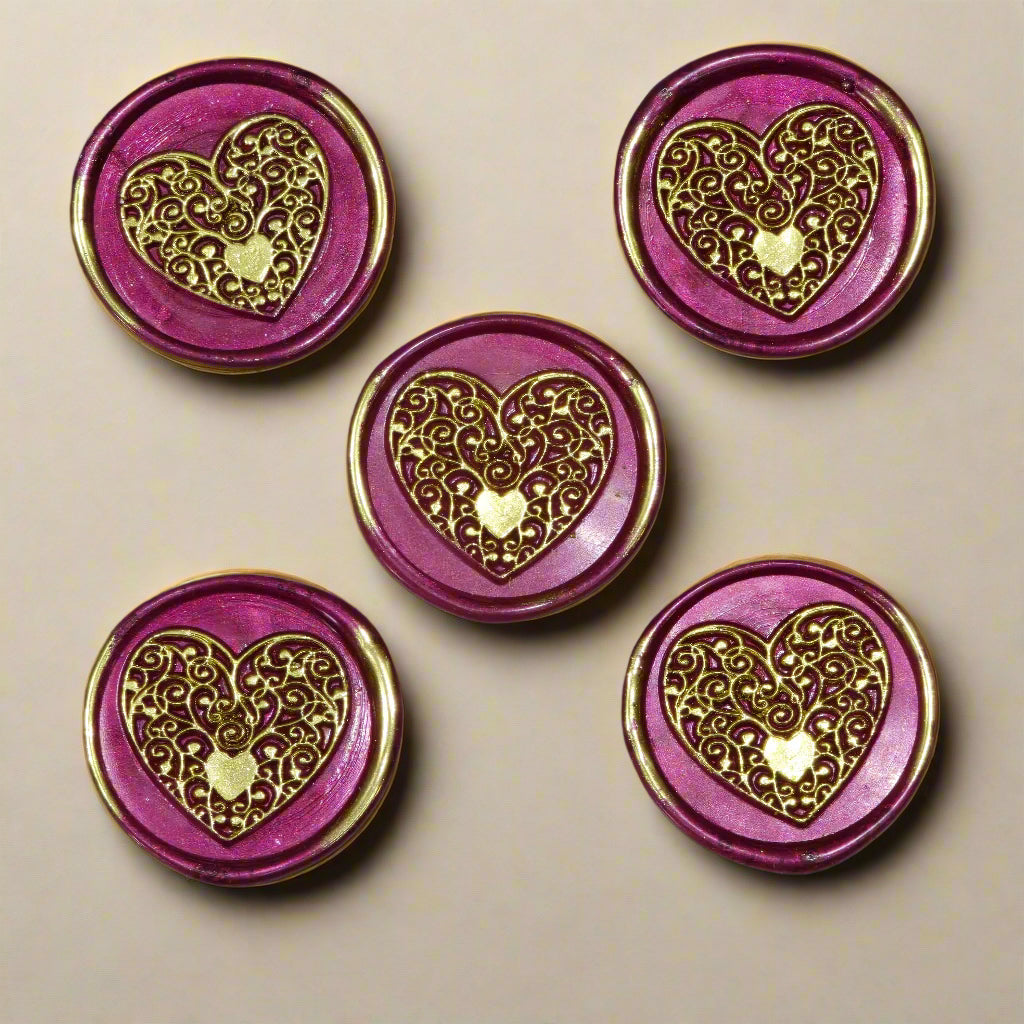 Wax seals mulberry red & gold heart set of five, with adhesive backing for cards, letters and gifts