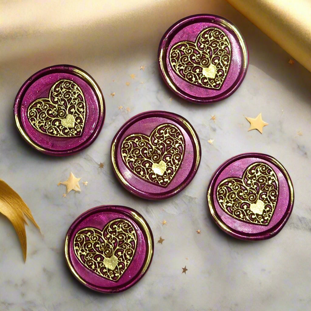 Wax seals mulberry red & gold heart set of five, with adhesive backing for cards, letters and gifts