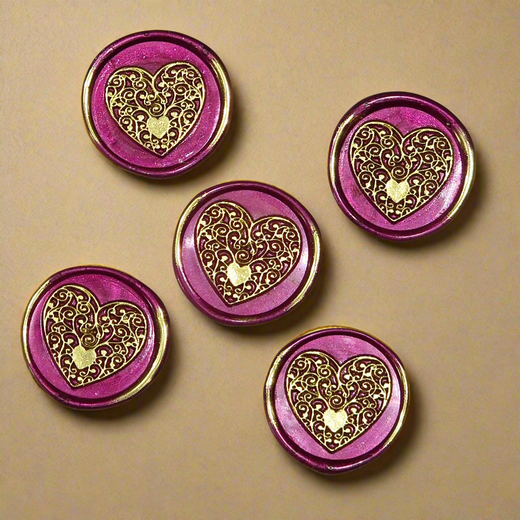 Wax seals mulberry red & gold heart set of five, with adhesive backing for cards, letters and gifts