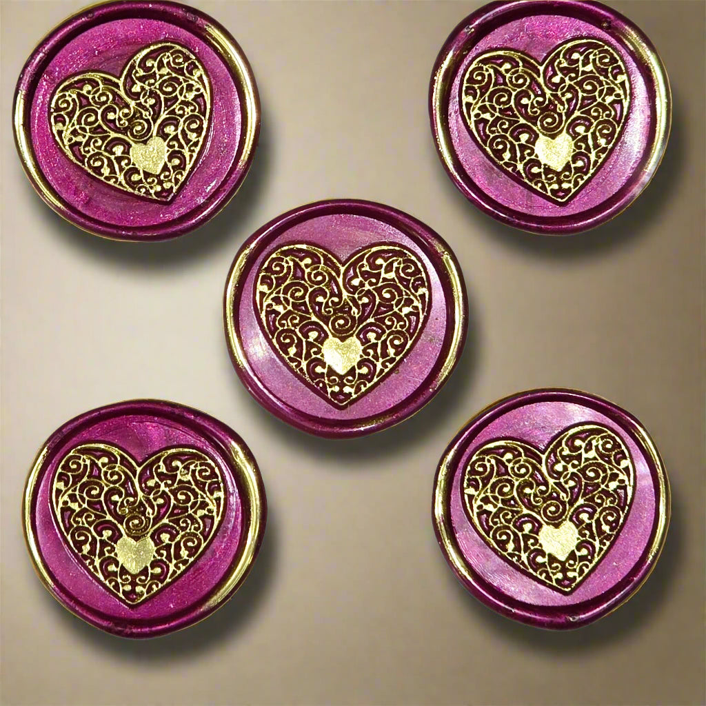 Wax seals mulberry red & gold heart set of five, with adhesive backing for cards, letters and gifts