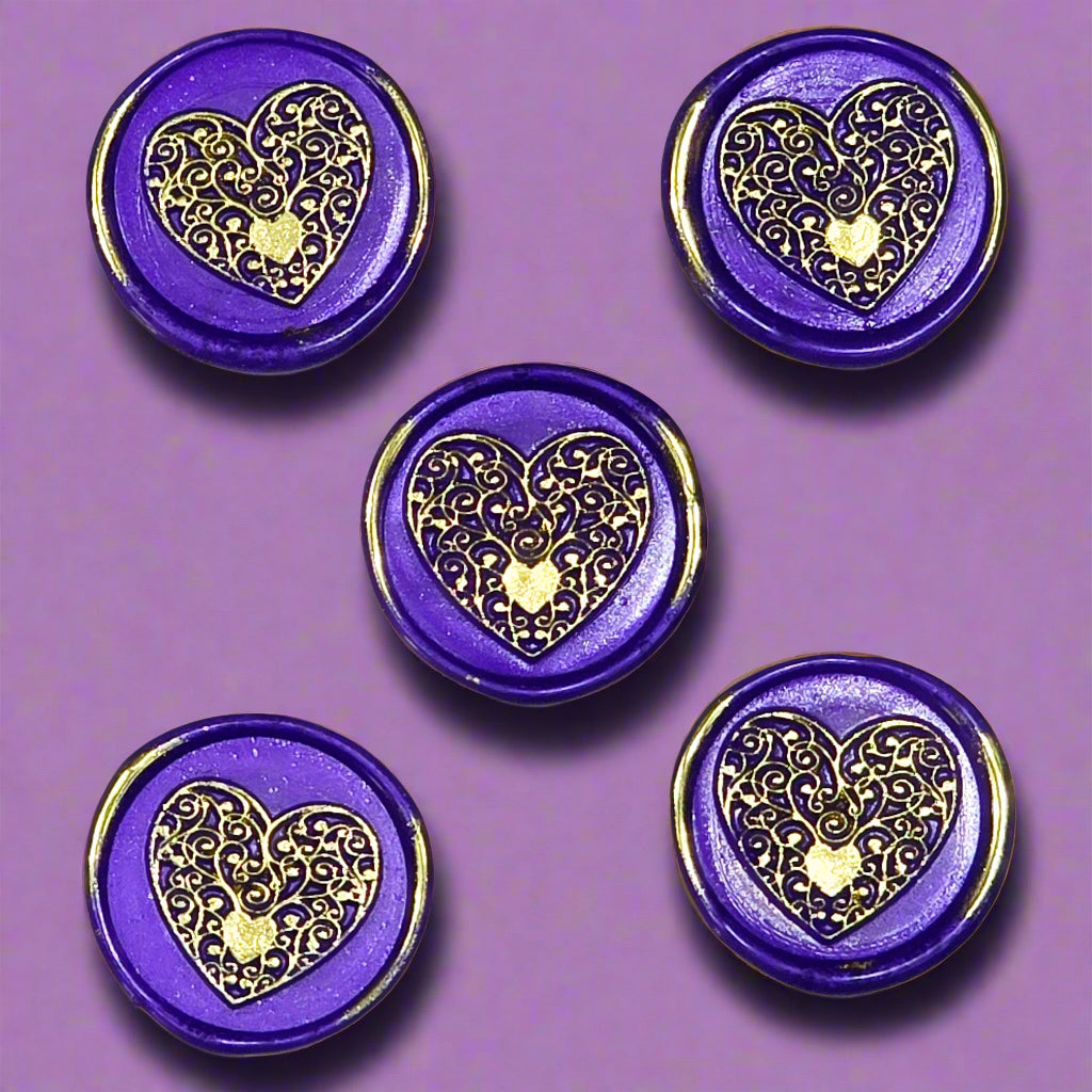 Wax seals purple & gold heart set of five, with adhesive backing for cards, letters and gifts