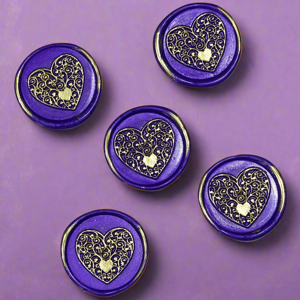 Wax seals purple & gold heart set of five, with adhesive backing for cards, letters and gifts