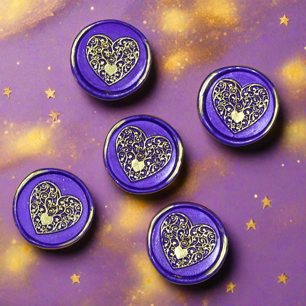 Wax seals purple & gold heart set of five, with adhesive backing for cards, letters and gifts