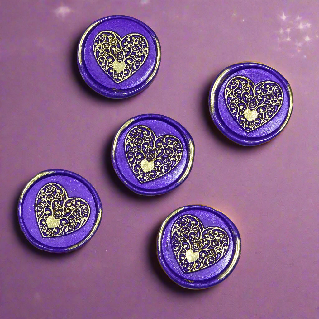 Wax seals purple & gold heart set of five, with adhesive backing for cards, letters and gifts