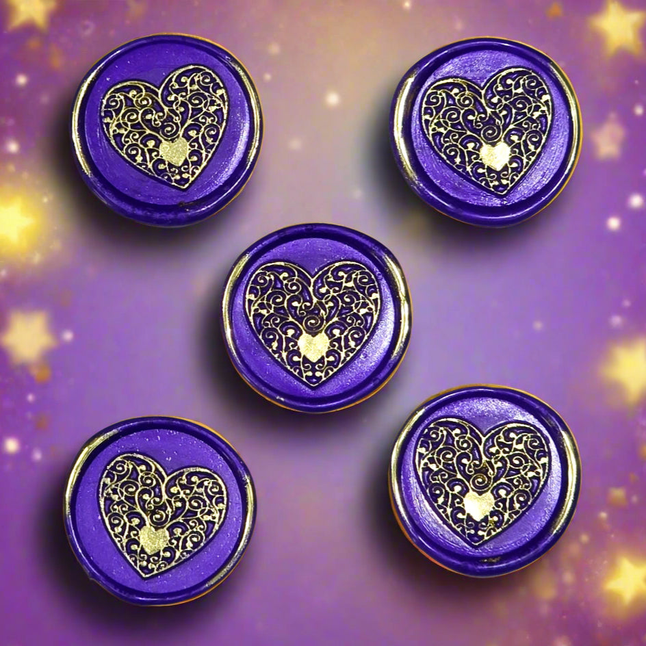 Wax seals purple & gold heart set of five, with adhesive backing for cards, letters and gifts