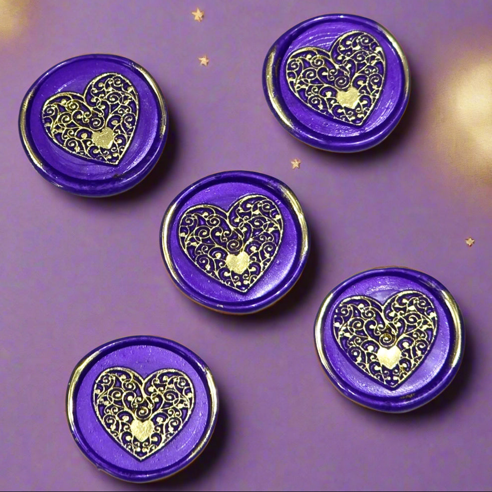 Wax seals purple & gold heart set of five, with adhesive backing for cards, letters and gifts