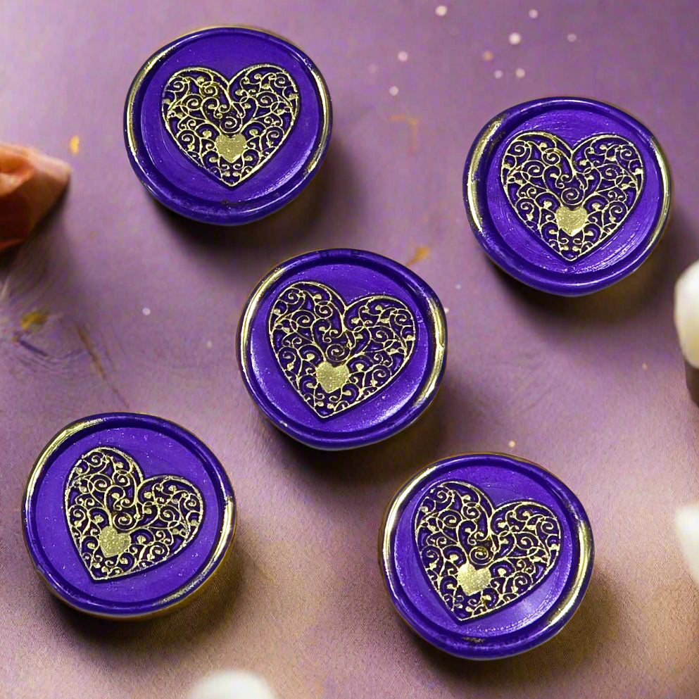 Wax seals purple & gold heart set of five, with adhesive backing for cards, letters and gifts