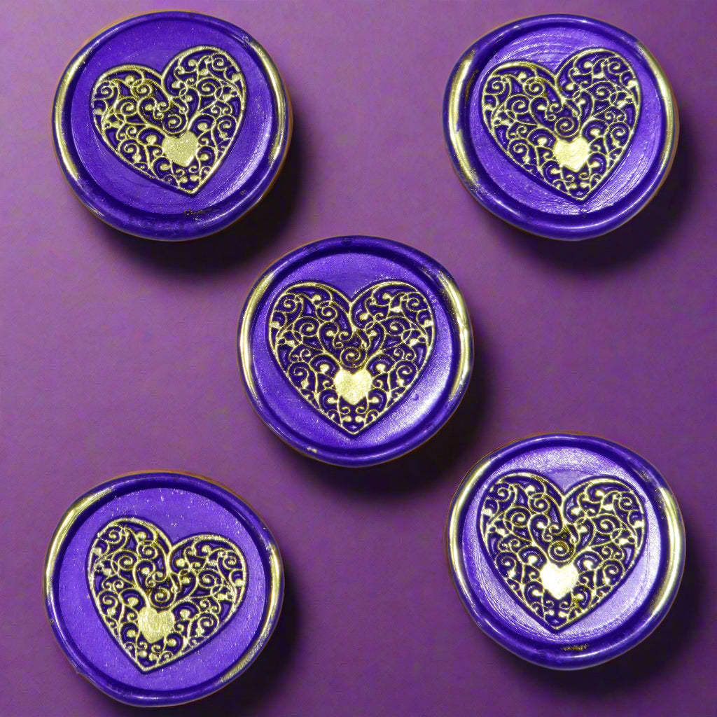 Wax seals purple & gold heart set of five, with adhesive backing for cards, letters and gifts