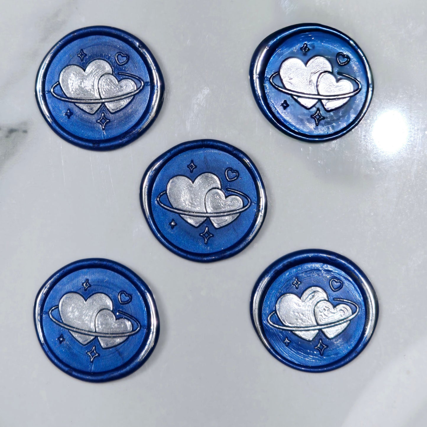 Wax Seals Blue & Silver Hearts Set of Five, with Adhesive Wax Seals for Cards, Invitations and Gifts