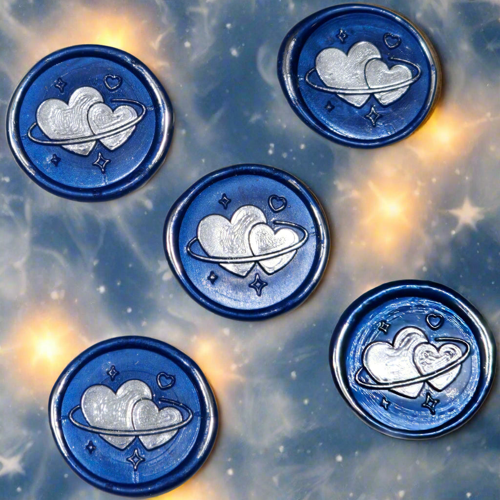 Wax Seals Blue & Silver Hearts Set of Five, with Adhesive Wax Seals for Cards, Invitations and Gifts