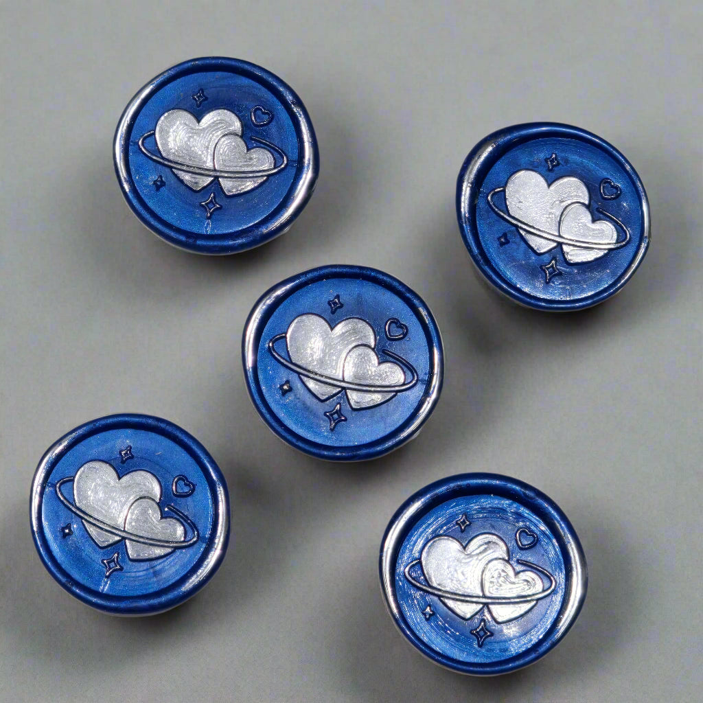 Wax Seals Blue & Silver Hearts Set of Five, with Adhesive Wax Seals for Cards, Invitations and Gifts