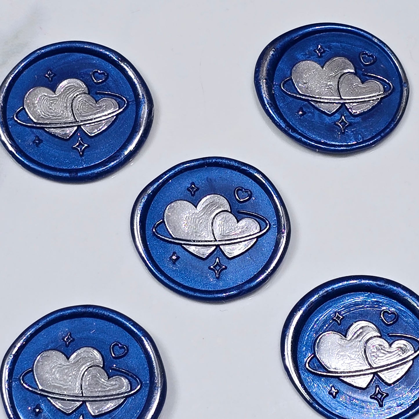 Wax Seals Blue & Silver Hearts Set of Five, with Adhesive Wax Seals for Cards, Invitations and Gifts
