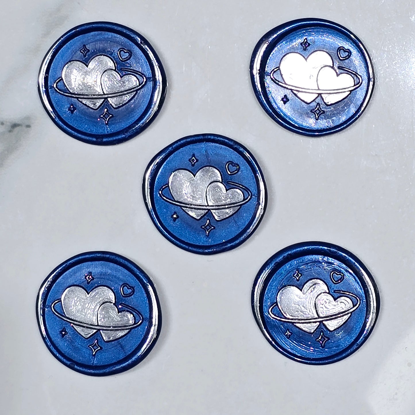 Wax Seals Blue & Silver Hearts Set of Five, with Adhesive Wax Seals for Cards, Invitations and Gifts