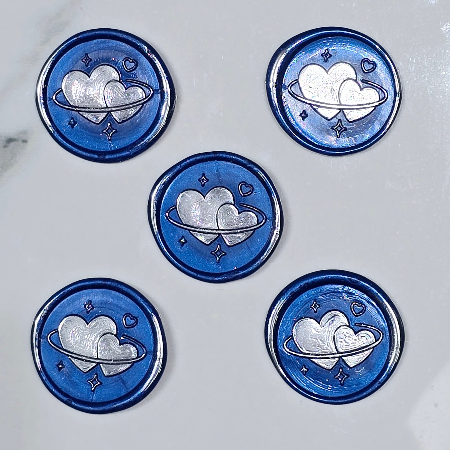 Wax Seals Blue & Silver Hearts Set of Five, with Adhesive Wax Seals for Cards, Invitations and Gifts
